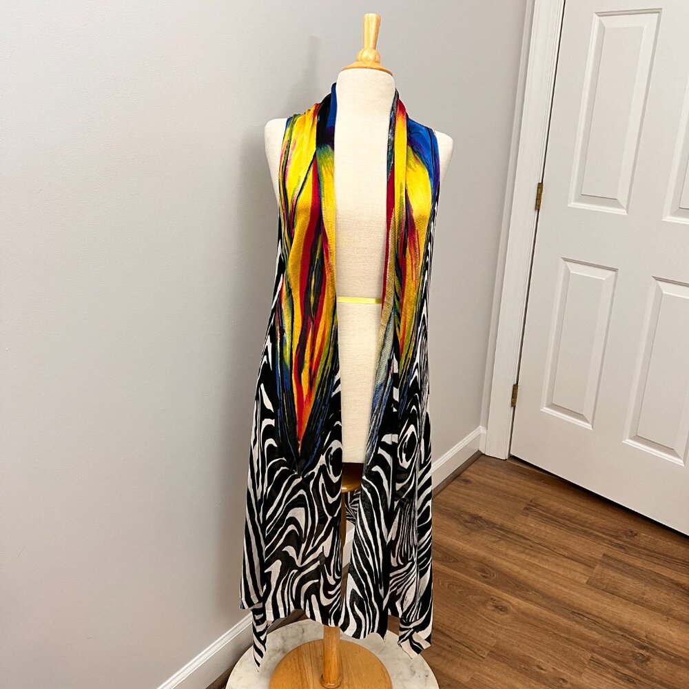 Dor Dor Colorful Artsy Long Cardigan Rainbow Zebra Vest Sz 2X